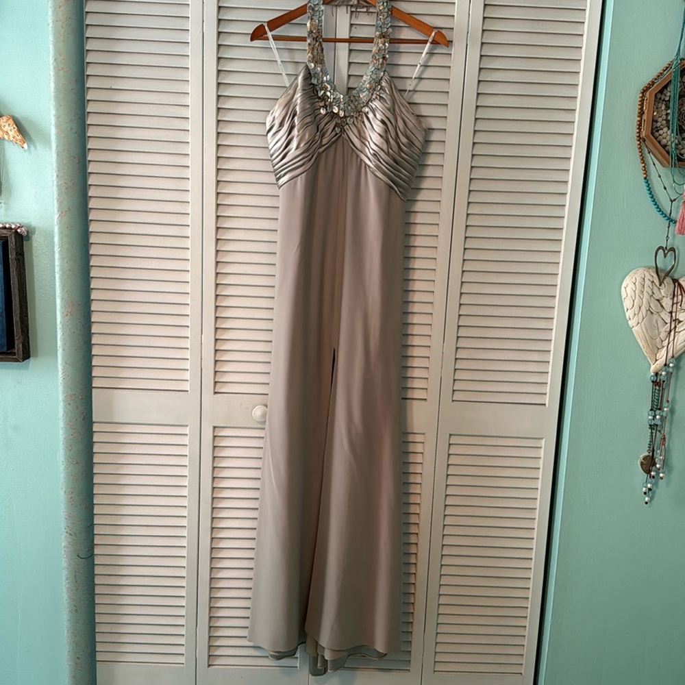 Tadasha brand full length split in front Taupe color formal gown. Size 14
